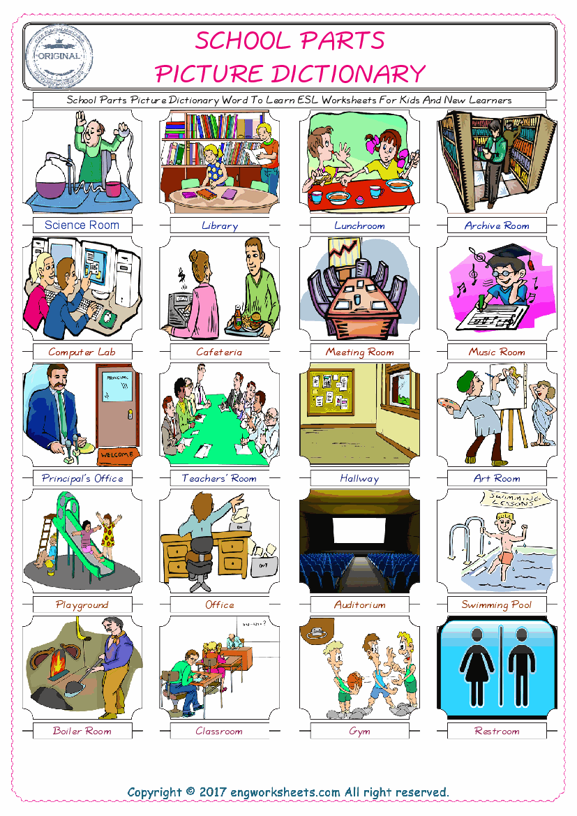  School Parts English Worksheet for Kids ESL Printable Picture Dictionary 
